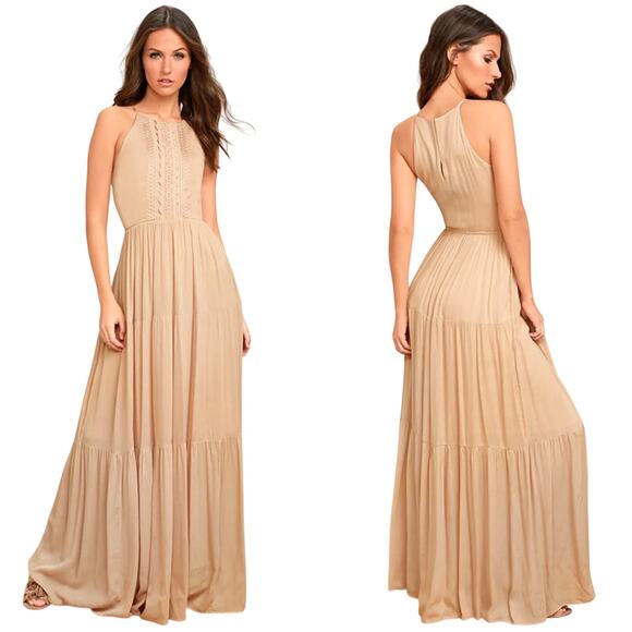 Lulu's Dresses & Skirts - Lulus NWT For Life Beige Embroidered Maxi Dress Size S Crocheted Lace Gauzy